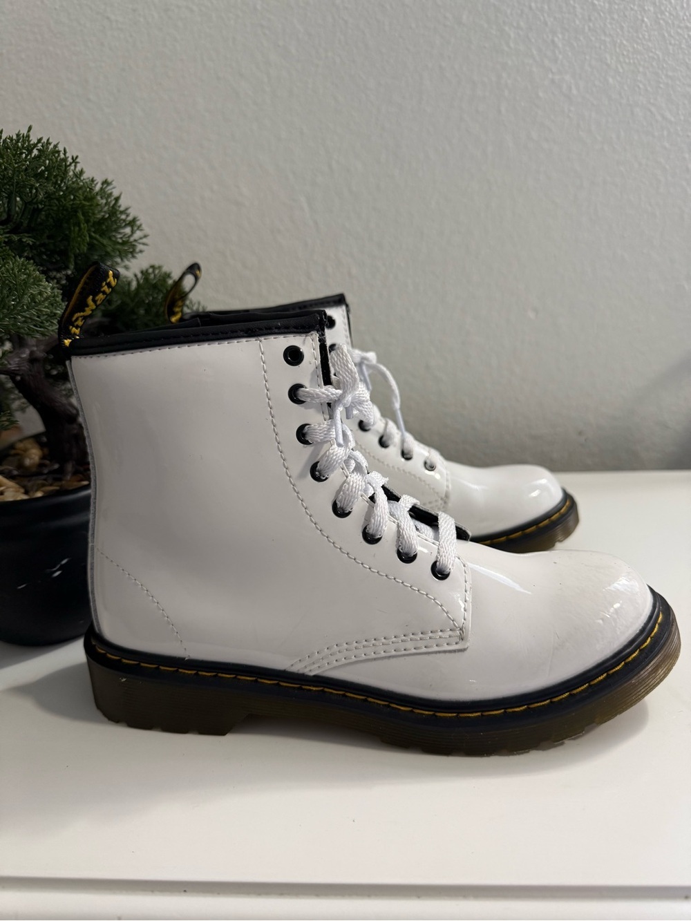 Dr. Martens airwair Zavala White Patent Lace-Up Boots with Black Trim - Picture 1 of 5